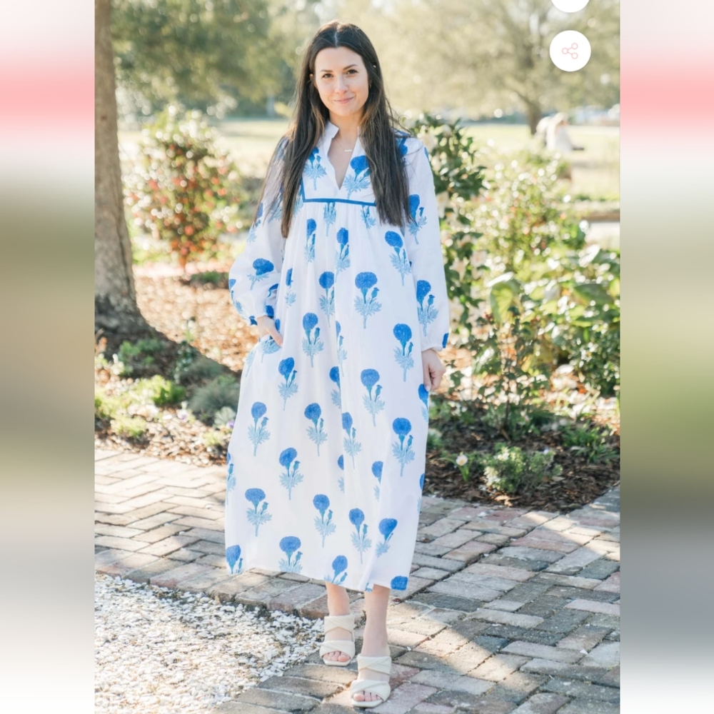 Victoria Dunn White Maxi Dress with Blue Floral Print